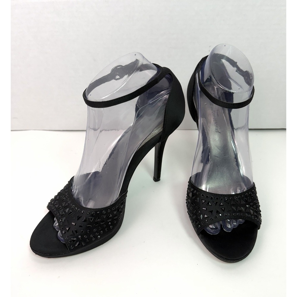 Lulu Townsend Black Satin Heels 7.5 Peep Toe Ankle Strap Studded‎ Dress